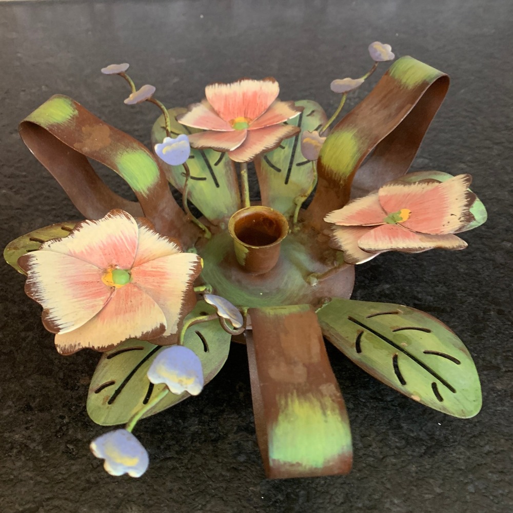 VTG‎ Tole Metal Flower Candle Holder Pink Green Hand Painted Floral Centerpiece